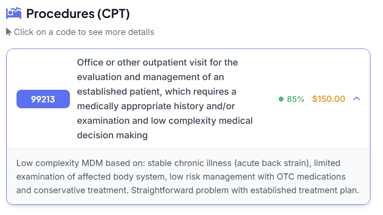 Sample CPT procedures with confidence scores and reasoning